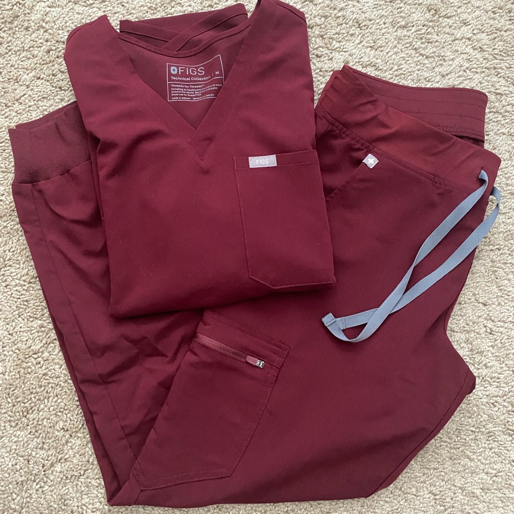Figs Burgundy Scrub Set - Medium - Catarina 1 Pocket Top and Zamora Jogger Pants